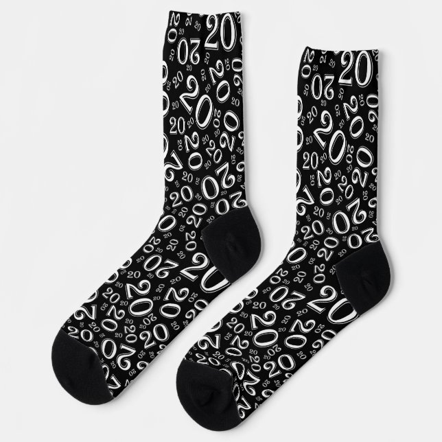 20. Geburtstag Schwarz/Weiß Random Zahlenmuster So Socken (Linkes Detail)