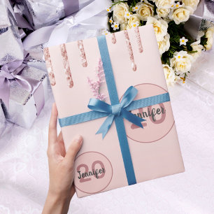 20. Geburtstag Schwarze Rose Gold Glitzer Tropfen Geschenkpapier