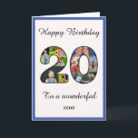 20. Geburtstag Son FotoCollage Vorlage<br><div class="desc">Feiern Sie den 20. Geburtstag Ihres Sohnes mit einer besonderen und einzigartigen Collage aus Foto und Foto. Diese wunderbare, große Geburtstagskarte für diesen besonderen Sohn hat die 20 aus Ihrer eigenen Kollektion von Fotos. Die Vorlage wurde für Sie entwickelt, um "An einen wunderbaren Bruder" zu bearbeiten, um die Schwester, den...</div>