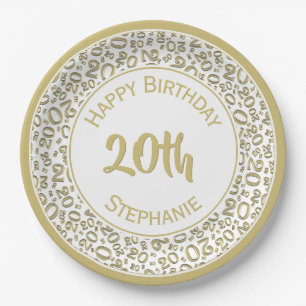 20. Geburtstag Zufallszahlenmuster 20 Gold/Weiß Pappteller