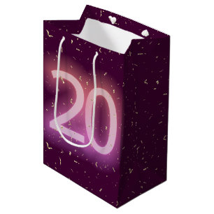 20. Geburtstags-Neon-Schild mit goldenem Konfetti Mittlere Geschenktüte