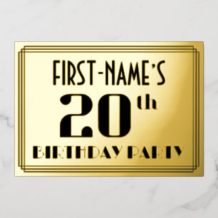 20. Geburtstagsfeier: Art Deco-Look „20“ und Name Folieneinladung