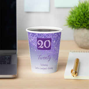 20. Geburtstagsfeier Glanz Lila Glitter Pappbecher