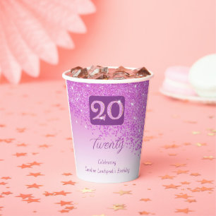 20. Geburtstagsfeier Glänzendes Rosa Glitter Pappbecher