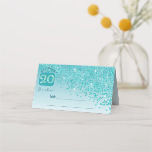 20. Geburtstagsparty Aquamarin Blue Glitzer Platzkarte