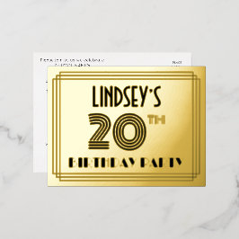 20. Geburtstagsparty ~ Art-Deco-Stil "20" + Name Folie Einladungspostkarte