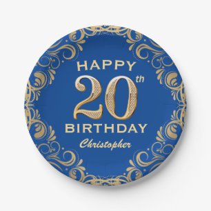 20. Geburtstagsparty Blue and Gold Glitzer Frame Pappteller