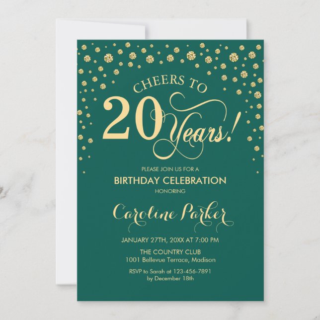20. Geburtstagsparty Einladung - Gold Green (Vorderseite)