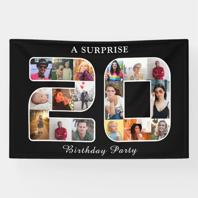 20. Geburtstagsparty Foto Collage Black Banner (Horizontal)