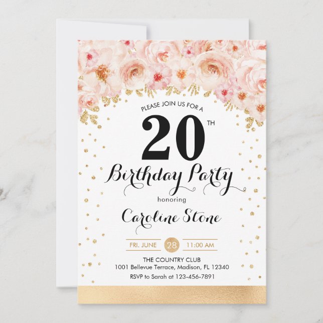 20. Geburtstagsparty - Gold-Blume Einladung (Vorderseite)