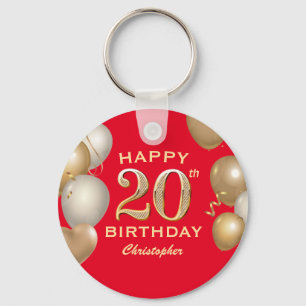 20. Geburtstagsparty Rot und Gold Ballons Schlüsselanhänger