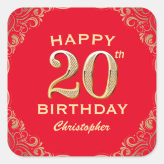 20. Geburtstagsparty Rot und Gold Glitzer Frame Quadratischer Aufkleber