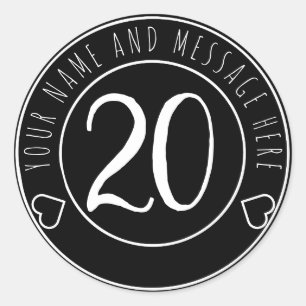 20. Geburtstagsparty Simple Modern Black and White Runder Aufkleber