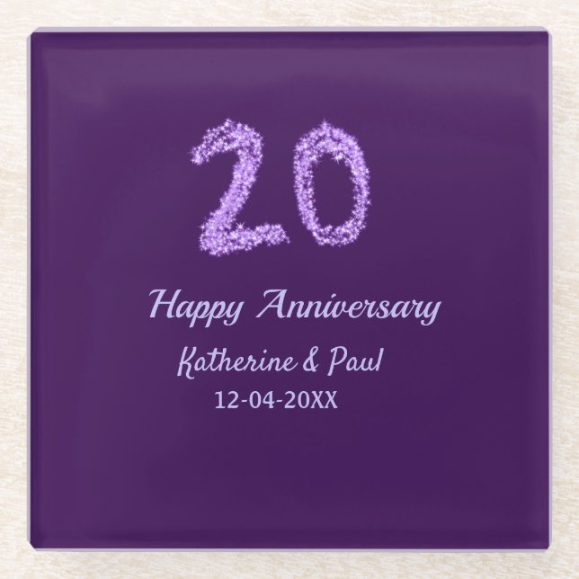 20. Happy Jubiläum Pärchenname Datum lila Glasuntersetzer (Vorderseite)