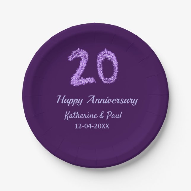 20. Happy Jubiläum Pärchenname Datum lila Pappteller (Vorderseite)