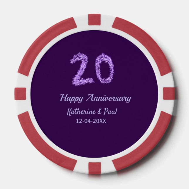 20. Happy Jubiläum Pärchenname Datum lila Pokerchips (Vorderseite)