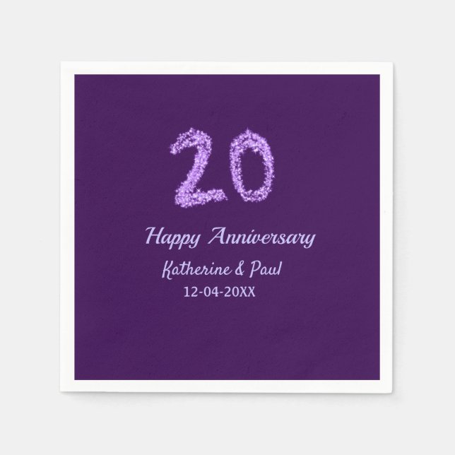 20. Happy Jubiläum Pärchenname Datum lila Serviette (Vorderseite)