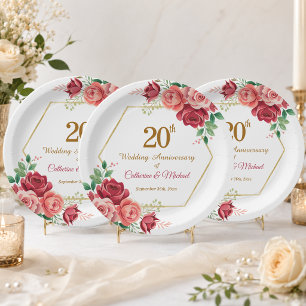 20. Hochzeitsjubiläum Goldrahmen Blumen Pappteller