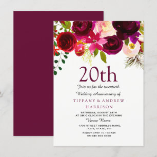 20. Hochzeitstag Burgunder Blumen Einladung