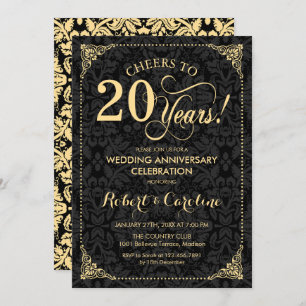 20. Hochzeitstag - Gold Black Damask Einladung