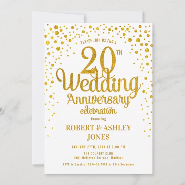 20. Hochzeitstag - Gold & Weiß Einladung (Vorderseite)