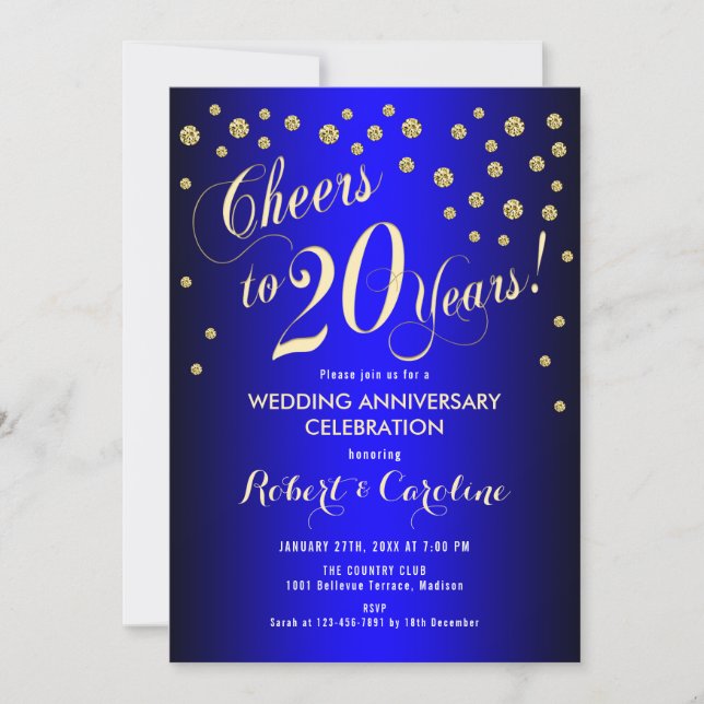 20. Hochzeitstag - Royal Blue & Gold Einladung (Vorderseite)