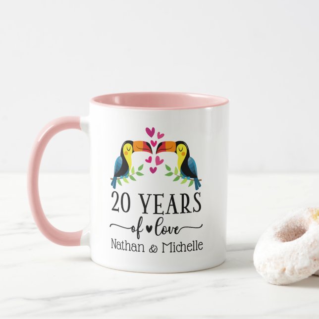 20. Jubiläum Bird Couple Matching Tasse (Mit Donut)