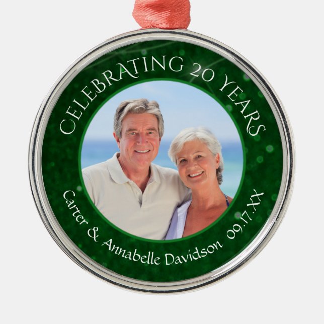 20. Jubiläum | Emerald Green Sparkle Foto Ornament Aus Metall (Vorne)