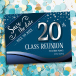 20. Klasse Wiedersehen Elegant Blue Ankündigung<br><div class="desc">Save the Date Postkarten für High School oder Class Wiedersehen. Blau Thema mit Imitat Folie Silber 20. mit fett weißem Text. Alle Texte sind mit Ausnahme der 20 anpassbar und können für Ihr eigenes Party geändert werden. Auch in meinem Shop finden Sie Banner der Klasse.</div>
