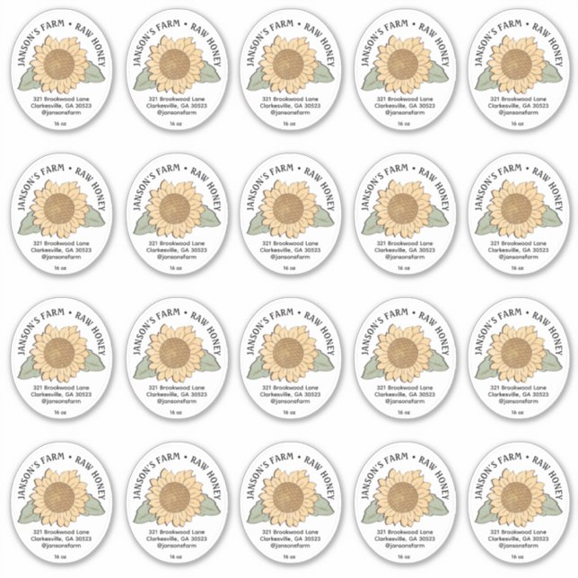 20 Kleines Oval Honey-Label mit Sonnenblume Aufkleber (Vorderseite)
