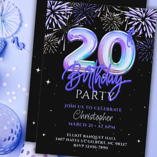 20. Mens Blue Fireworks Foil Ballon Geburtstag Einladung
