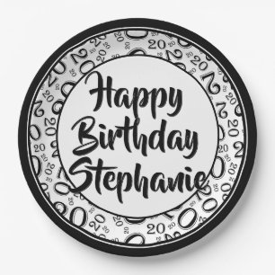 20. Party Random Number Pattern Schwarz/Weiß Pappteller