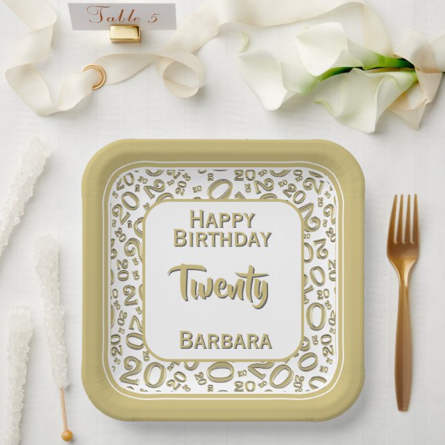 20. Party Zufallszahlenmuster Gold/Weiß Pappteller (Hochzeit)