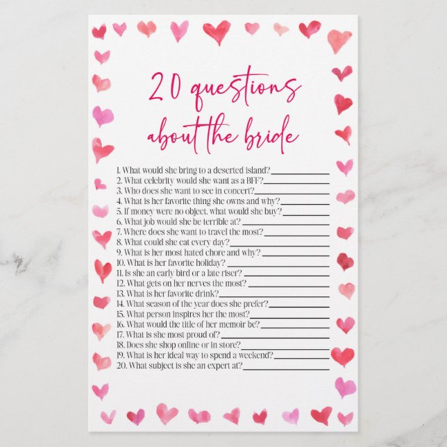 20 Questions About The Bride Bridal Shower Game  Briefpapier (Vorderseite)