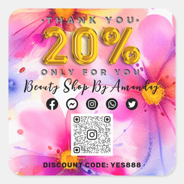 20% Rabatt auf die QR CODE Blume Sommer Quadratischer Aufkleber (Vorderseite)
