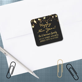 20 Return Address Label, Black & Gold Stars Quadratischer Aufkleber