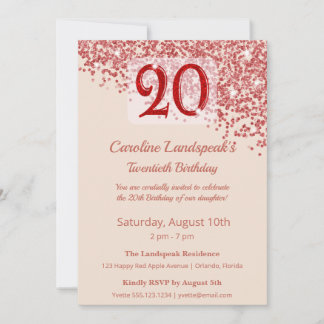 20. Ruby Red Glitter Champagner Geburtstag  Einladung