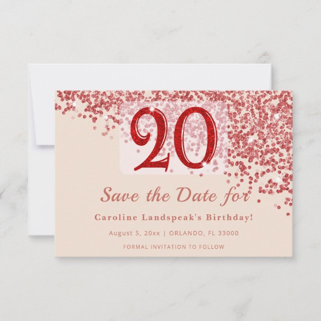 20. Ruby Red Glitter Champagner Save the Date  (Vorderseite)