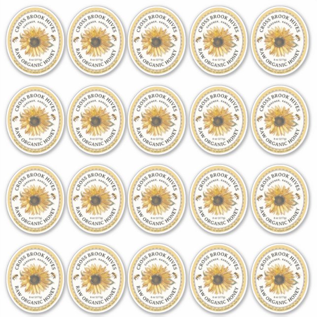 20 Small Jar Oval Sunflower Honey Label mit Biene (Vorderseite)