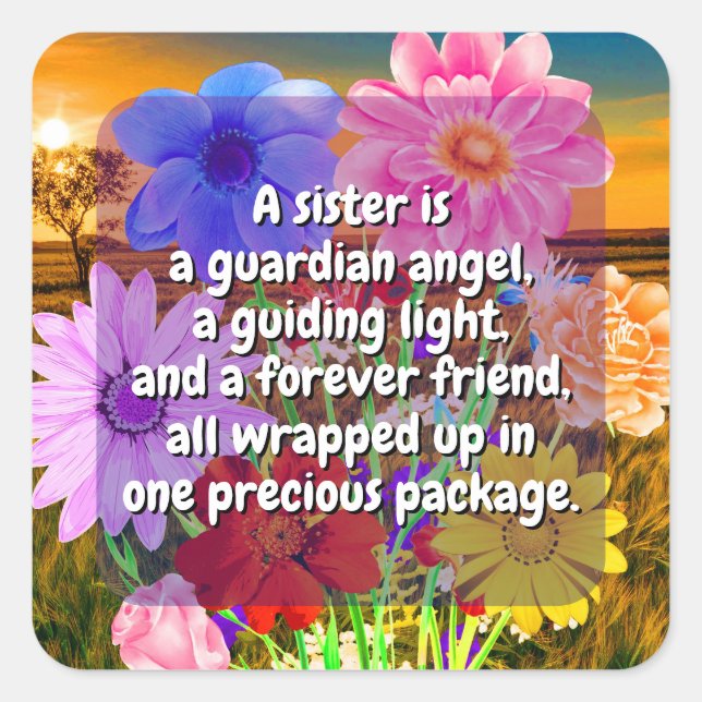 (20 Stk.) Elegante Blume & Sister Quote | Besonder Quadratischer Aufkleber (Vorderseite)