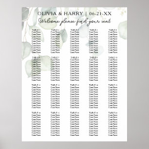 20 Tabelle Aquarellfarben Ecalyptus Hochzeitsskala Poster