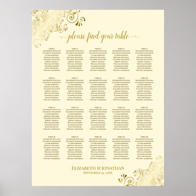 20 Tabelle Cream & Gold Frills Hochzeitskarte Poster (Vorne)