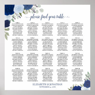 20 Tabelle Elegant Blue Floral Hochzeitsdiagramm Poster