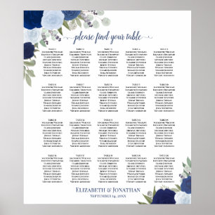 20 Tabelle Elegant Blue Floral Hochzeitsdiagramm Poster