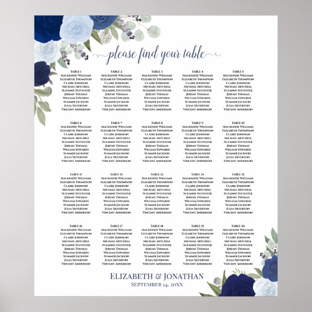 20 Tabelle Elegant Blue Floral Hochzeitsdiagramm Poster (Vorne)
