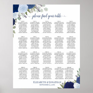 20 Tabelle Elegant Blue Floral Hochzeitsdiagramm Poster