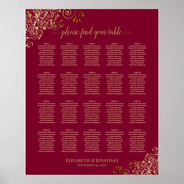 20 Tabelle Elegant Burgundy & Gold Seating Chart Poster (Vorne)