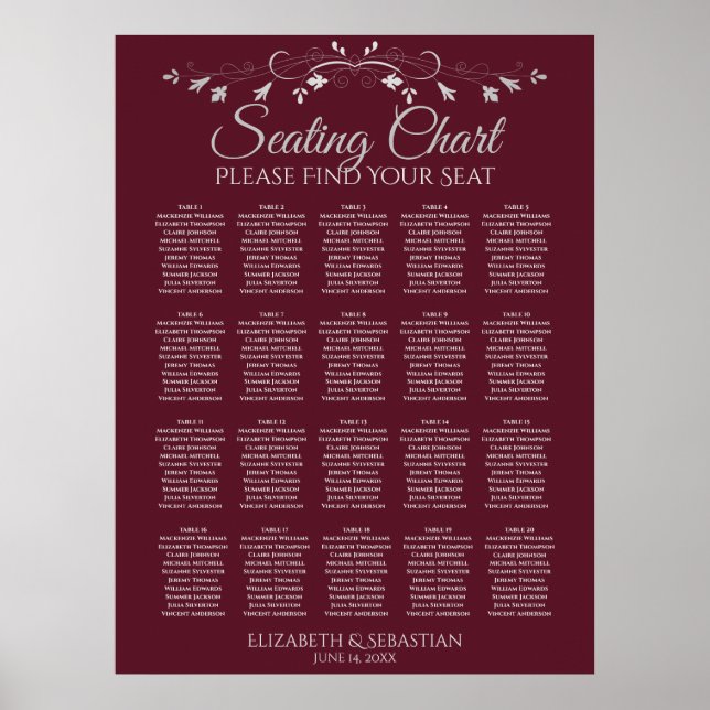 20 Tabelle Elegant Burgundy Hochzeitstabelle Poster (Vorne)