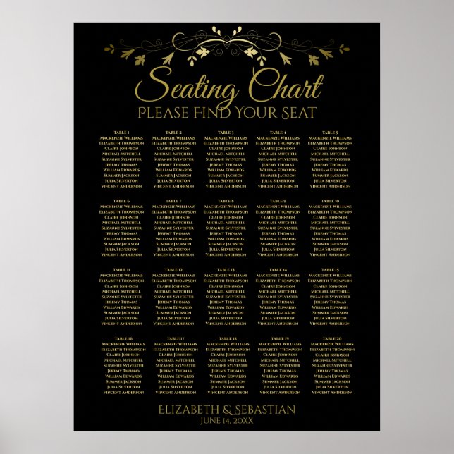 20 Tabelle Elegant Gold Black Wedding Seating Char Poster (Vorne)