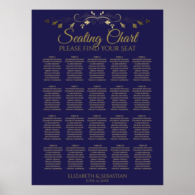 20 Tabelle elegant Gold & Navy Hochzeitskarte Poster (Vorne)